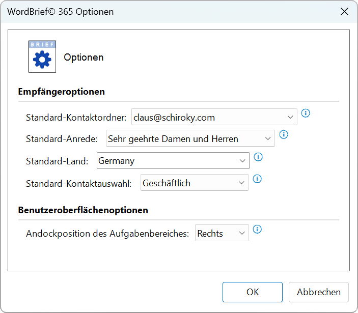 WordBrief Optionen WordBrief Optionen